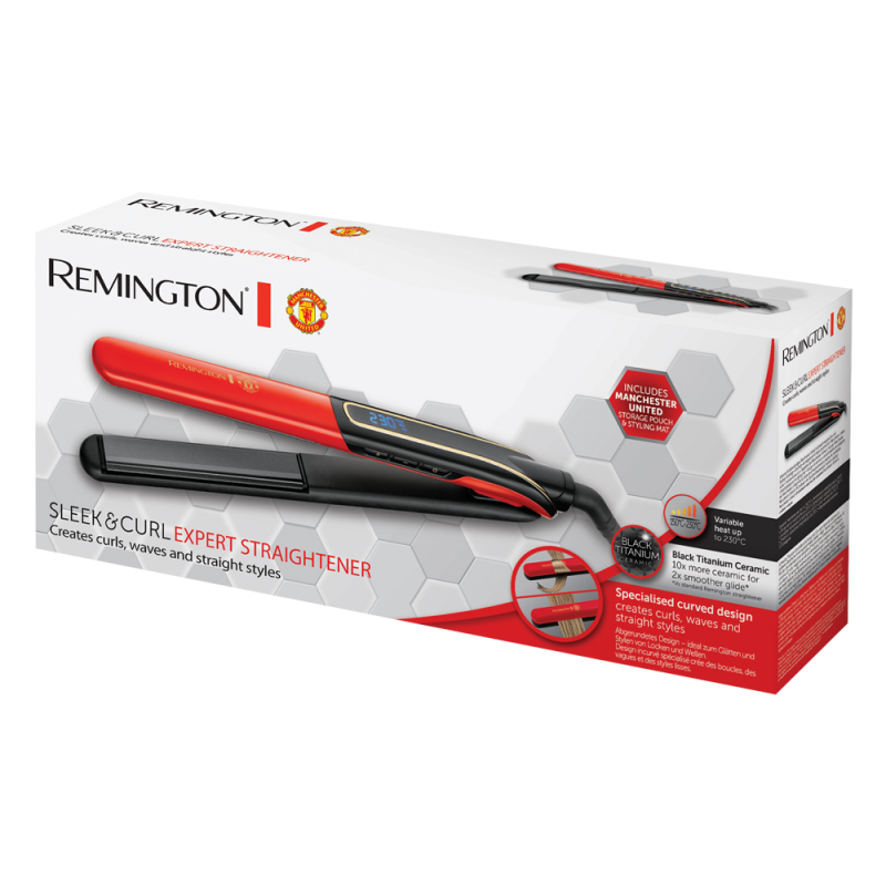 Pegla za kosu REMINGTON S6755 Sleek & Curl Expert (Manchester United Limited Edition, titansko-keramički premaz ploča, zakrivljeni dizajn, 10 temperature 150–230 °C, digitalni zaslon, brzo zagrijavanje 15 s, globalni napon)