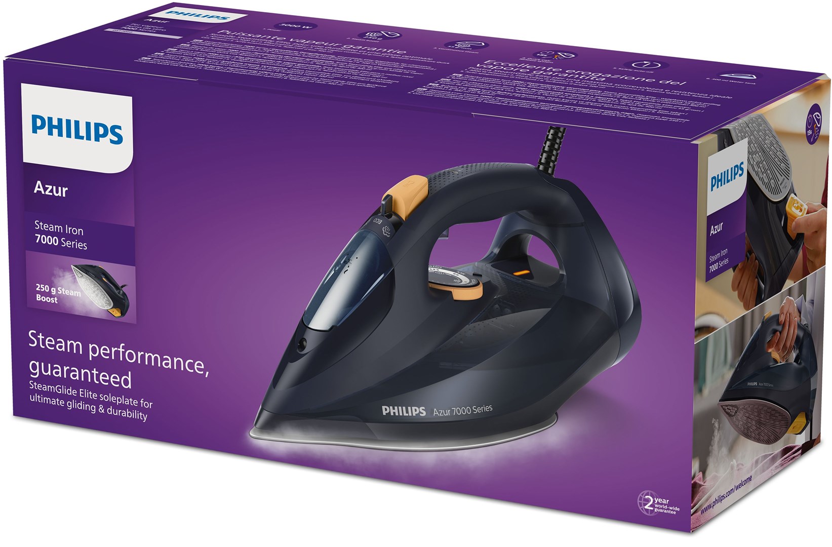 Parno glačalo PHILIPS 7000 Series DST7060/20 (3000 W, 55 g/min, 300 ml, keramička ploča glačala SteamGlide Elite, plavo-žuto)-1