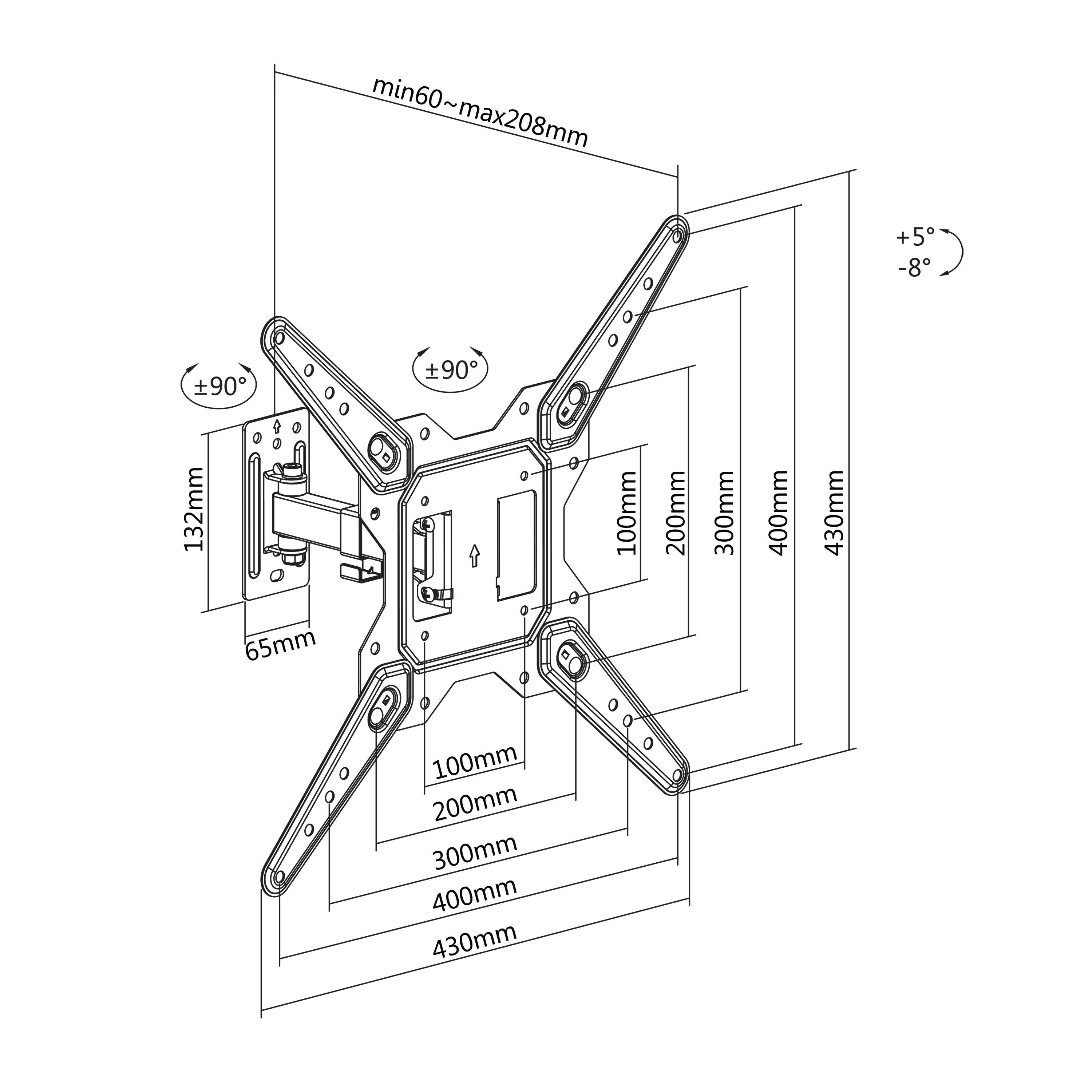 Nosač za TV zidni SBOX LCD-441 (23"-55", do 30 kg, nagib +5°/ - 8°, zakret +90°/ -90°, sa zglobom)-15