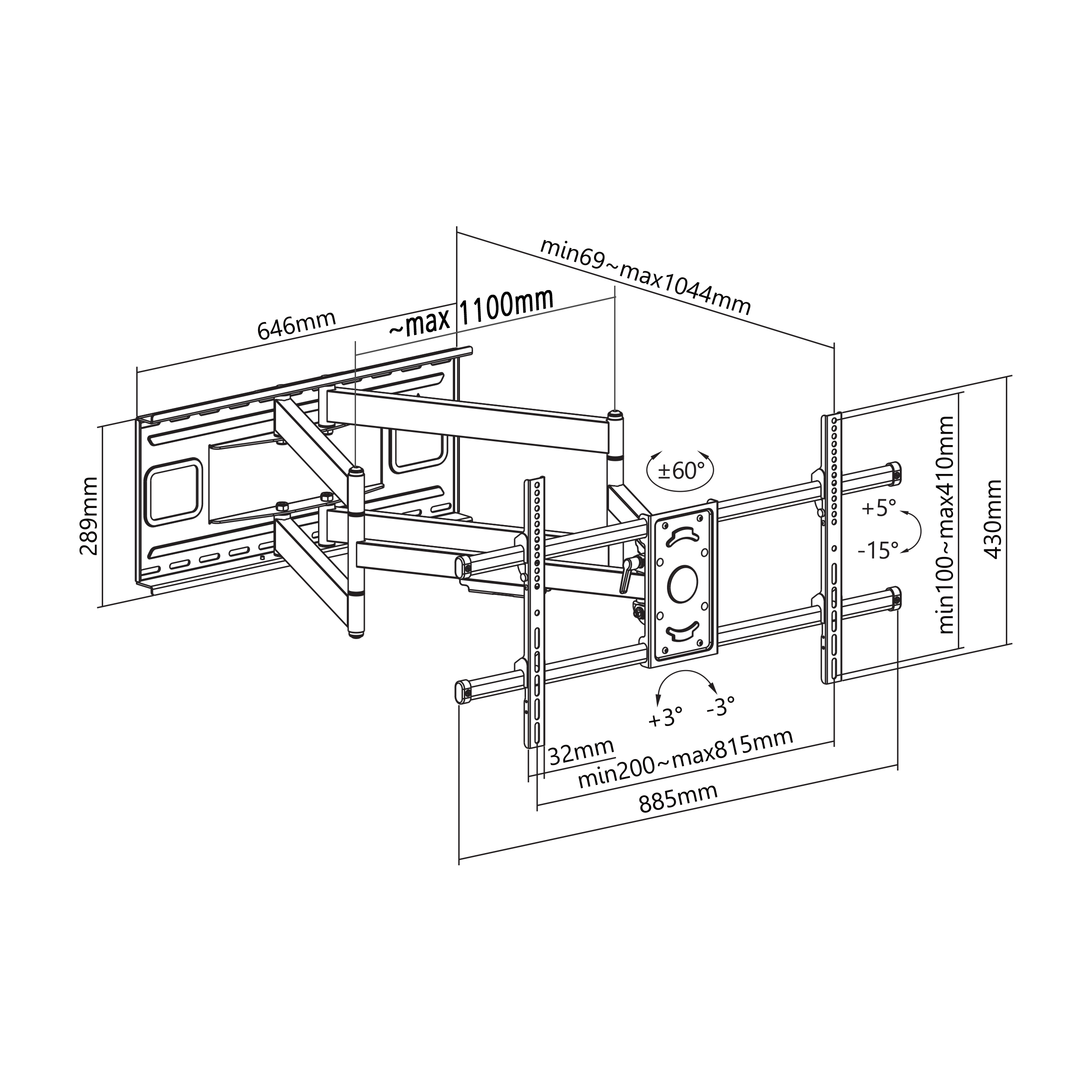 Nosač za TV zidni SBOX PLB-4986 (43"- 90", do 80 kg, nagib +5°/ -15°, zakret -60°/ +60°, sa zglobom)-20