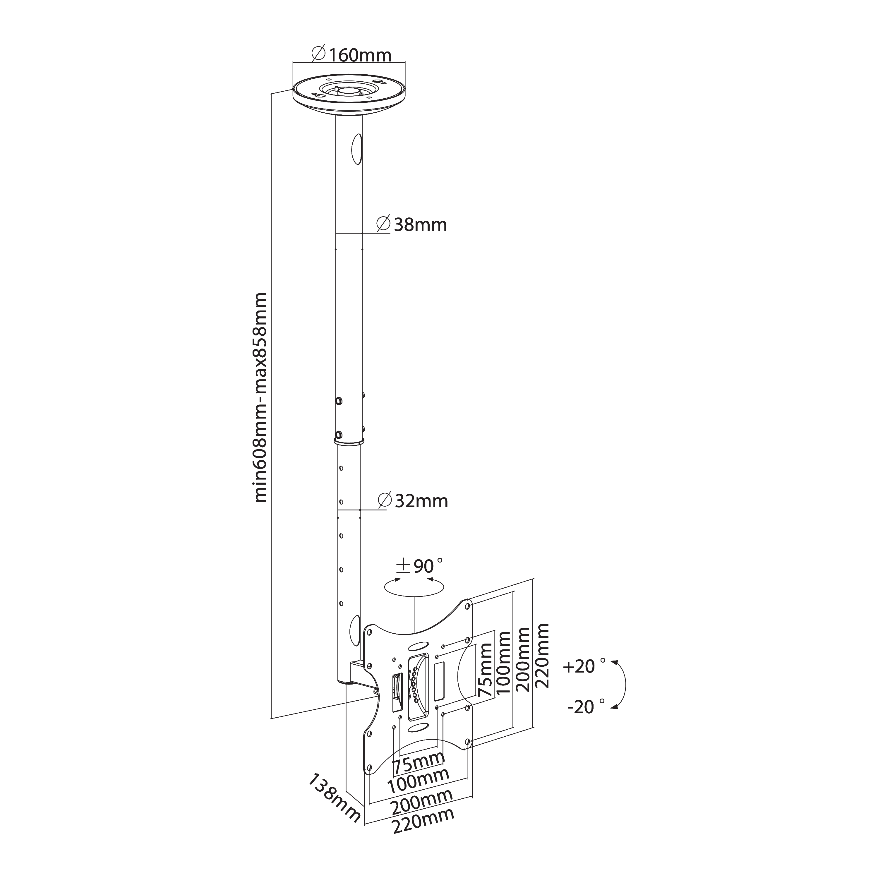 Nosač za TV stropni SBOX CPLB-28S (23"- 42", do 30 kg, nagib +-20°, zakret 180°)-15
