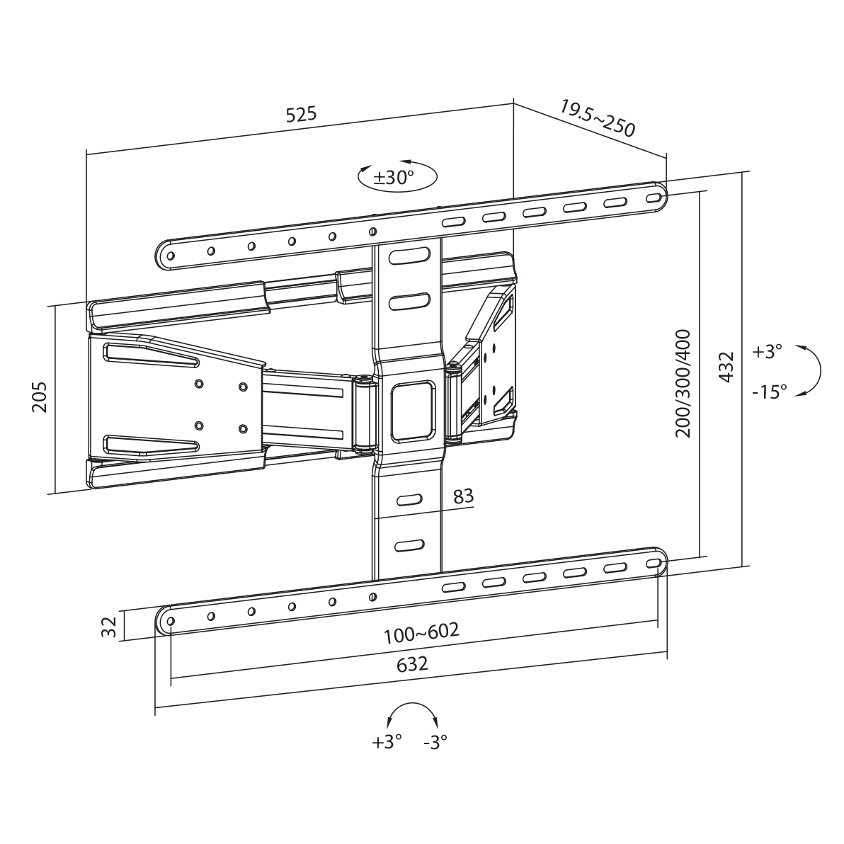 Nosač za TV zidni SBOX PLB-79464 (43"- 90", do 50 kg, nagib +3°/ -15°, zakret +30°/ -30°)-7