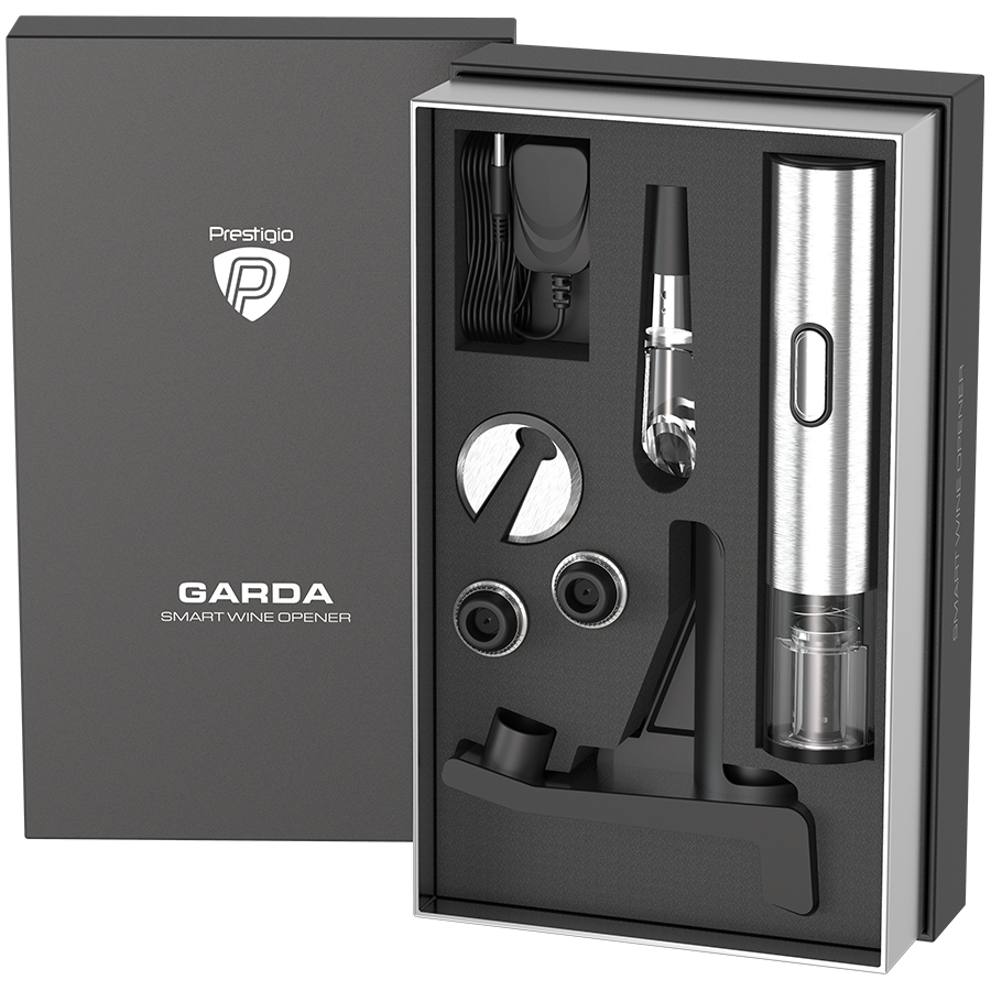 Prestigio Garda, smart wine opener, simple operation with 2 buttons, aerator, vacuum stopper preserver, foil cutter, opens up to 50 bottles wihout recharging, premium design, 500mAh battery, Dimension-14