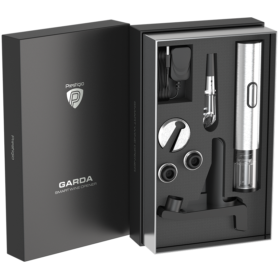 Prestigio Garda, smart wine opener, simple operation with 2 buttons, aerator, vacuum stopper preserver, foil cutter, opens up to 50 bottles wihout recharging, premium design, 500mAh battery, Dimension-15