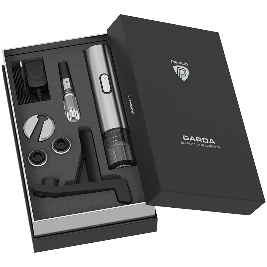 Prestigio Garda, smart wine opener, simple operation with 2 buttons, aerator, vacuum stopper preserver, foil cutter, opens up to 50 bottles wihout recharging, premium design, 500mAh battery, Dimension-16
