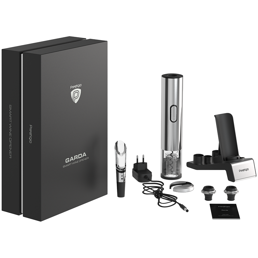 Prestigio Garda, smart wine opener, simple operation with 2 buttons, aerator, vacuum stopper preserver, foil cutter, opens up to 50 bottles wihout recharging, premium design, 500mAh battery, Dimension-17