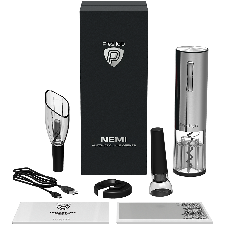 Otvarač za vino PRESTIGIO Nemi, električni, aerator, vakuumski čep, srebrna boja-7