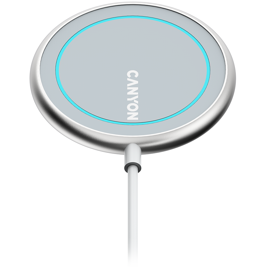 CANYON WS-100 Wireless charger, Input 9V/2A, 9V/2.7A, 12V/2A, Output 15W/10W/7.5W/5W, Type c cable length 1.5m, Acrylic surface+Aluminium alloy edge, 59*59*7mm, 0.06Kg, Silver-0