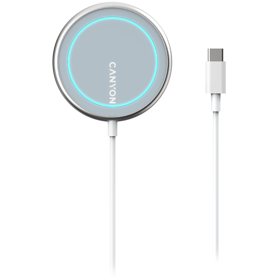 CANYON WS-100 Wireless charger, Input 9V/2A, 9V/2.7A, 12V/2A, Output 15W/10W/7.5W/5W, Type c cable length 1.5m, Acrylic surface+Aluminium alloy edge, 59*59*7mm, 0.06Kg, Silver-1
