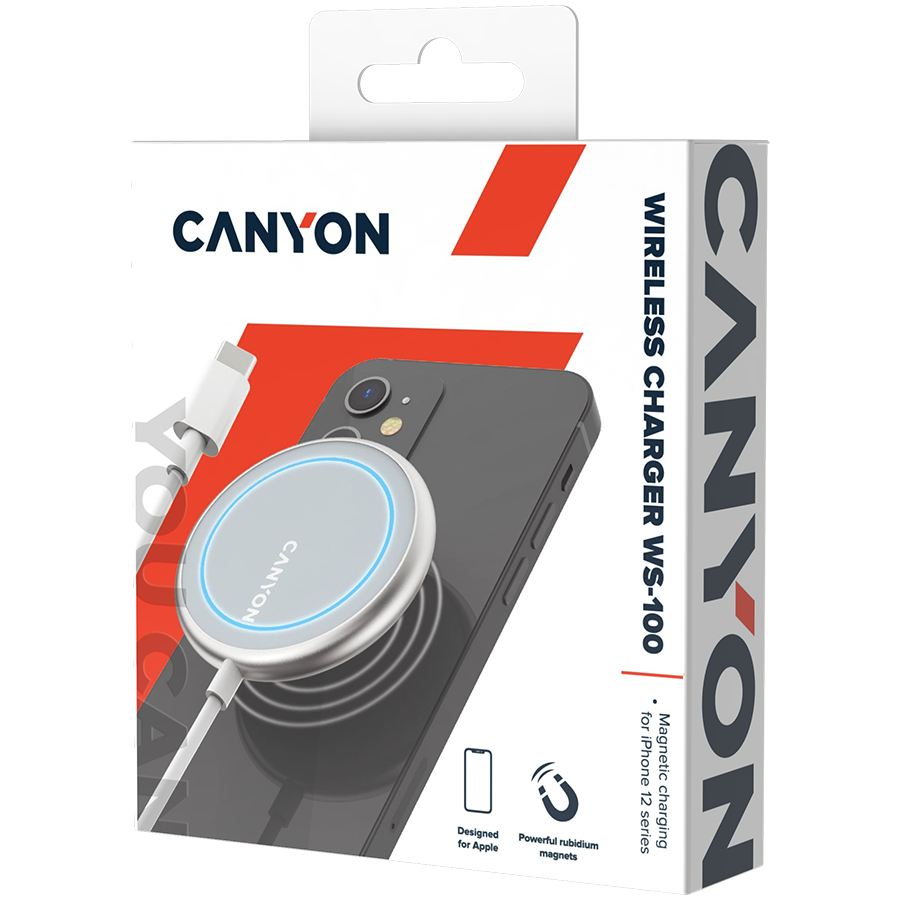 CANYON WS-100 Wireless charger, Input 9V/2A, 9V/2.7A, 12V/2A, Output 15W/10W/7.5W/5W, Type c cable length 1.5m, Acrylic surface+Aluminium alloy edge, 59*59*7mm, 0.06Kg, Silver-4
