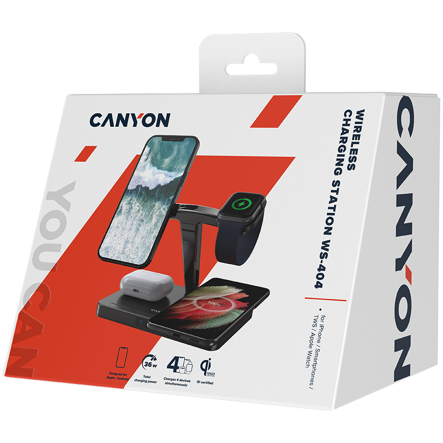CANYON WS-404 4in1 Wireless charger, with input 12V3A DC Eu adapter , Output 15W/10W/7.5W/5W, 161*105*138mm, 0.510Kg crna-2
