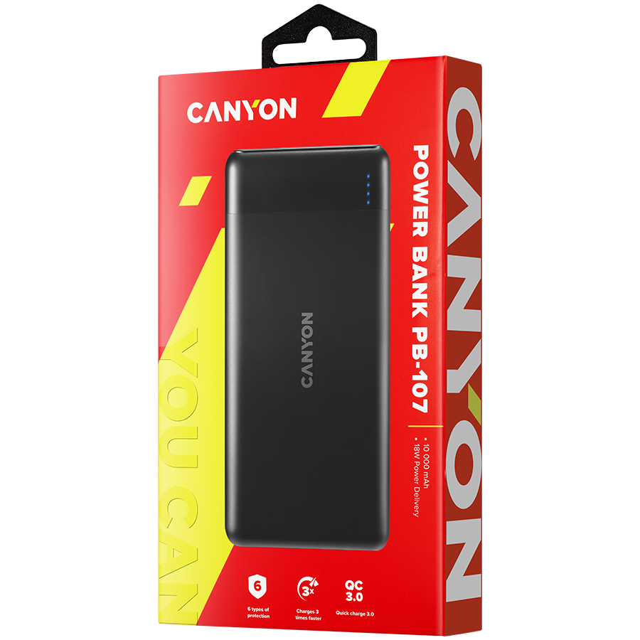 CANYON PB-107 Power bank 10000mAh Li-poly battery, Input Micro/PD 18W(Max), Output PD/QC3.0 18W(Max), quick charging cable 0.3m, 144*68*16mm, 0.25kg crna-2