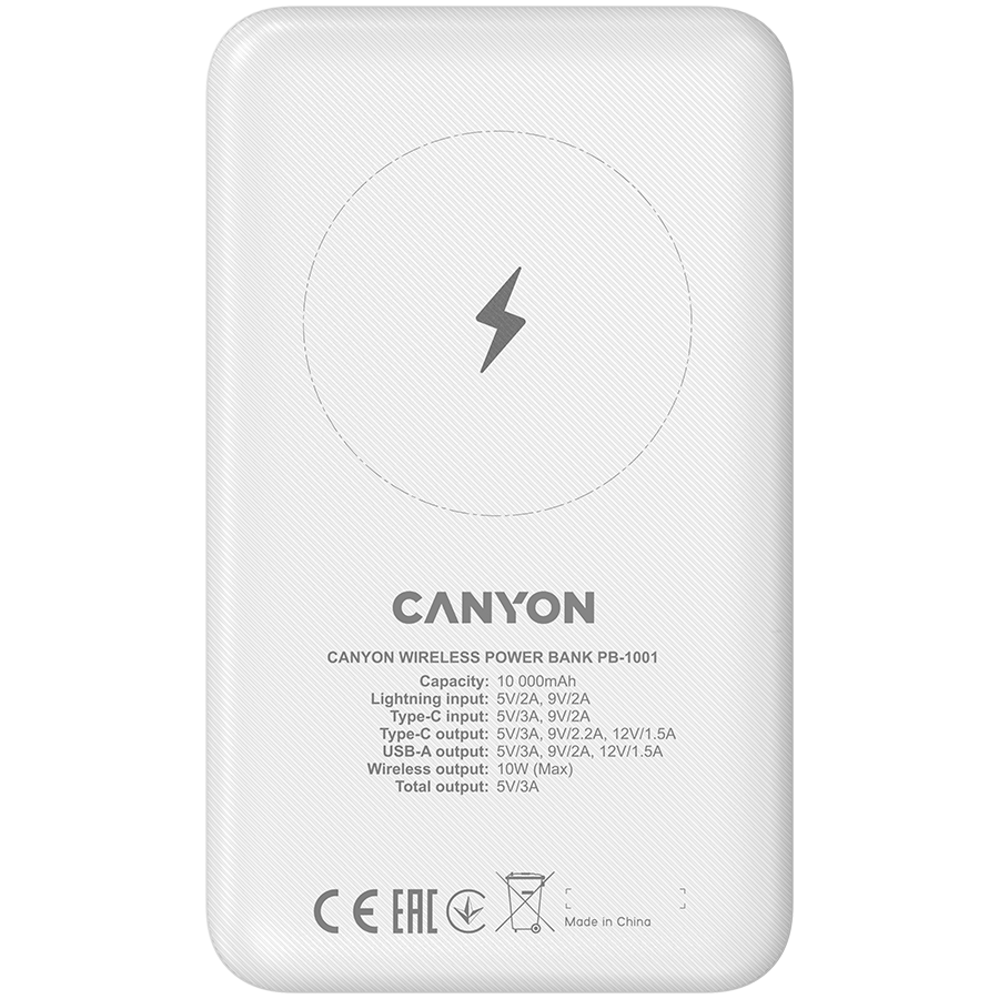 CANYON PB-1001 18W PD+QC 3.0+10W Magnet wireless charger powerbank10000mAh Li-poly battery,Lightning Input: DC5V/2A, 9V/2A Type c PD Input: DC5V/3A, 9V/2A, Type C PD output:5V/3A,9V/2.2A,12V/1.5AQC-3