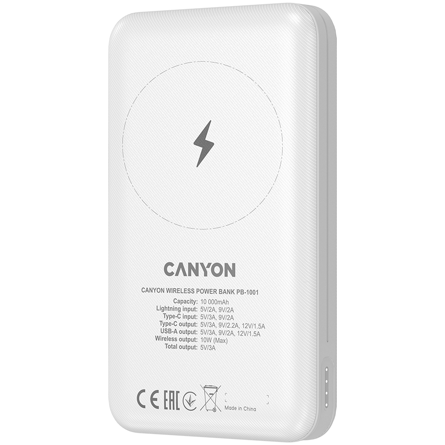 CANYON PB-1001 18W PD+QC 3.0+10W Magnet wireless charger powerbank10000mAh Li-poly battery,Lightning Input: DC5V/2A, 9V/2A Type c PD Input: DC5V/3A, 9V/2A, Type C PD output:5V/3A,9V/2.2A,12V/1.5AQC-4