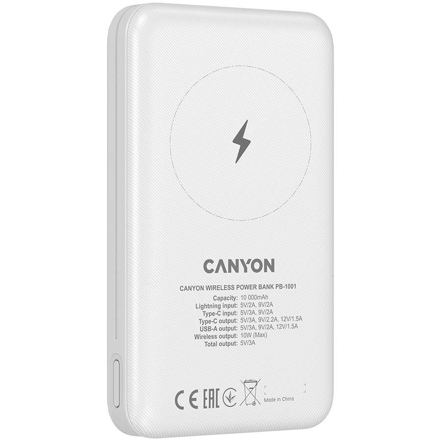 CANYON PB-1001 18W PD+QC 3.0+10W Magnet wireless charger powerbank10000mAh Li-poly battery,Lightning Input: DC5V/2A, 9V/2A Type c PD Input: DC5V/3A, 9V/2A, Type C PD output:5V/3A,9V/2.2A,12V/1.5AQC-5