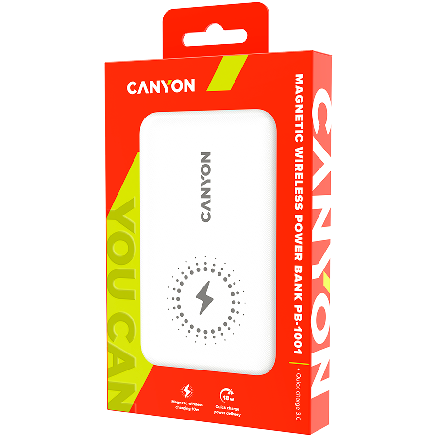 CANYON PB-1001 18W PD+QC 3.0+10W Magnet wireless charger powerbank10000mAh Li-poly battery,Lightning Input: DC5V/2A, 9V/2A Type c PD Input: DC5V/3A, 9V/2A, Type C PD output:5V/3A,9V/2.2A,12V/1.5AQC-7