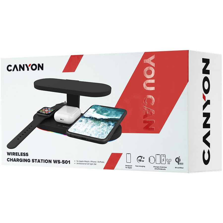 CANYON WS-501 5in1 Wireless charger, with UV sterilizer, with touch button for Running water light, Input QC36W or PD30W, Output 15W/10W/7.5W/5W, USB-A 10W(max), Type c to USB-A cable length 1.2m, 188-7