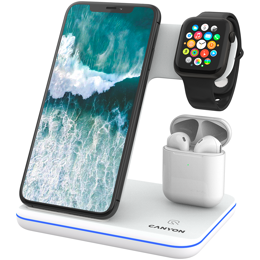 CANYON WS-302 3in1 Wireless charger, with touch button for Running water light, Input 9V/2A, 12V/2A, Output 15W/10W/7.5W/5W, Type c to USB-A cable length 1.2m, 137*103*140mm, 0.22Kg bijela-0