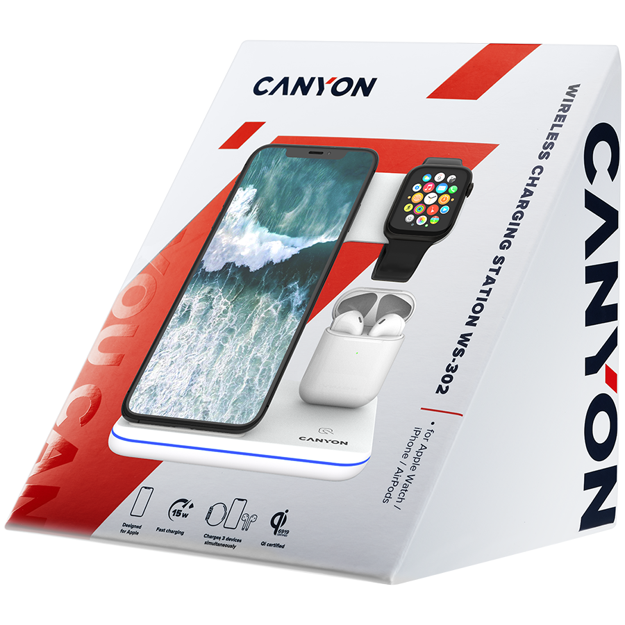 CANYON WS-302 3in1 Wireless charger, with touch button for Running water light, Input 9V/2A, 12V/2A, Output 15W/10W/7.5W/5W, Type c to USB-A cable length 1.2m, 137*103*140mm, 0.22Kg bijela-5