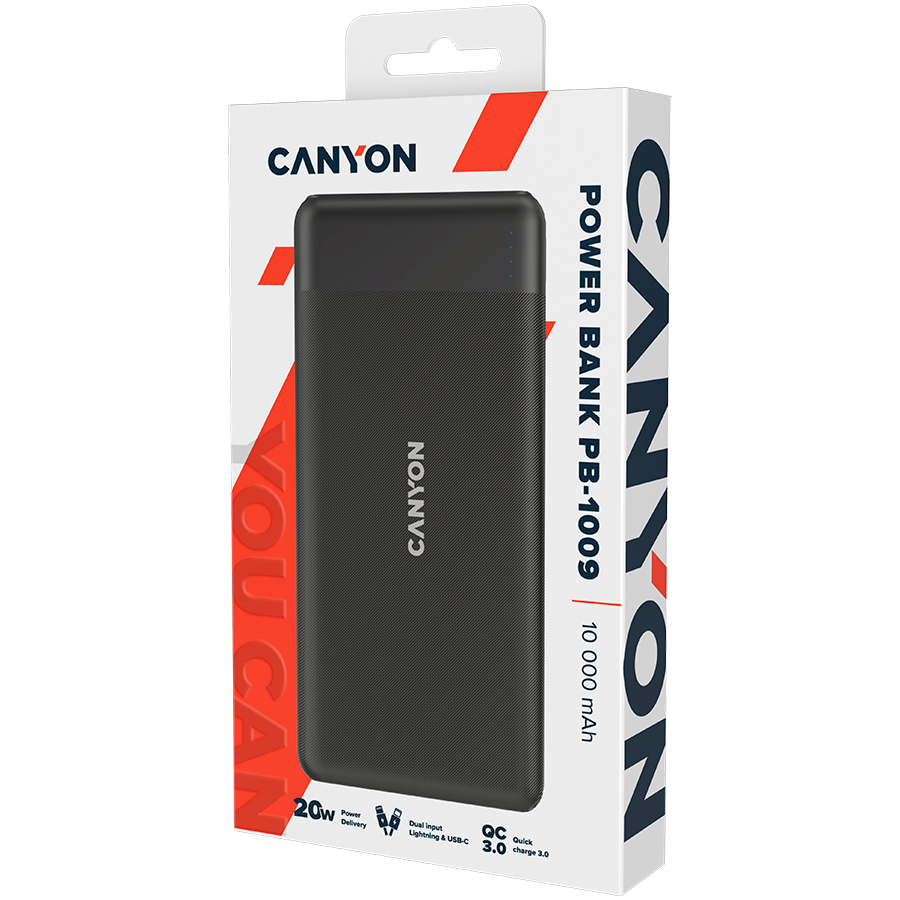 CANYON PB-109 Power bank 10000mAh Li-poly battery, Input Lightning &Type C : 5V/2A, 9V/2A PD 18W(Max), Output Type C 5V/3A,9V/2.2A,12V/1.5A 20W, Output USB A:5V3A,9V2A,12V1.5A,18W quick charging cab-3
