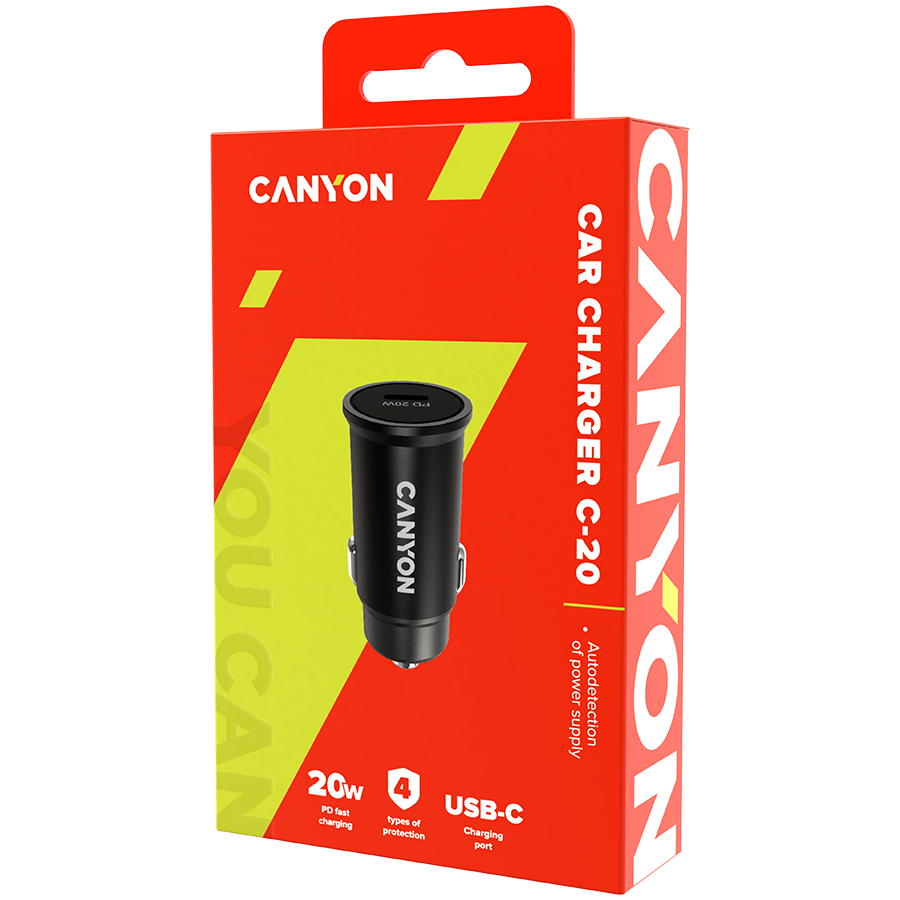 Canyon C-20, PD 20W Pocket size car charger, input: DC12V-24V, output: PD20W, support iPhone12 PD fast charging, Compliant with CE RoHs , Size: 50.6*23.4*23.4, 18g crna-4