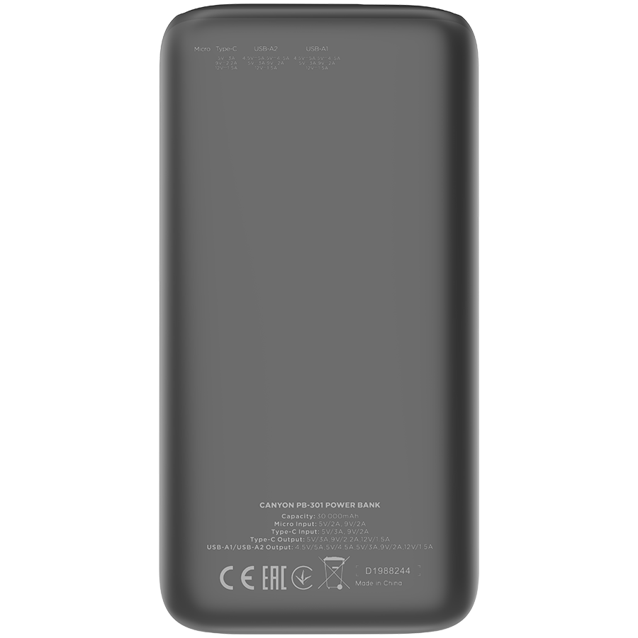 Power bank CANYON 30000mAh Li-poly battery, Input Micro: DC5V/2A, 9V/2A Input Type c PD :DC5V/3A, 9V/2A Output Type C PD:5V/3A,9V/2.2A,12V/1.5AOutput USB A1+USBA 2: 5V3A,5V/4.5A,4.5V/5A,9V2A,12V1.5A,2-1