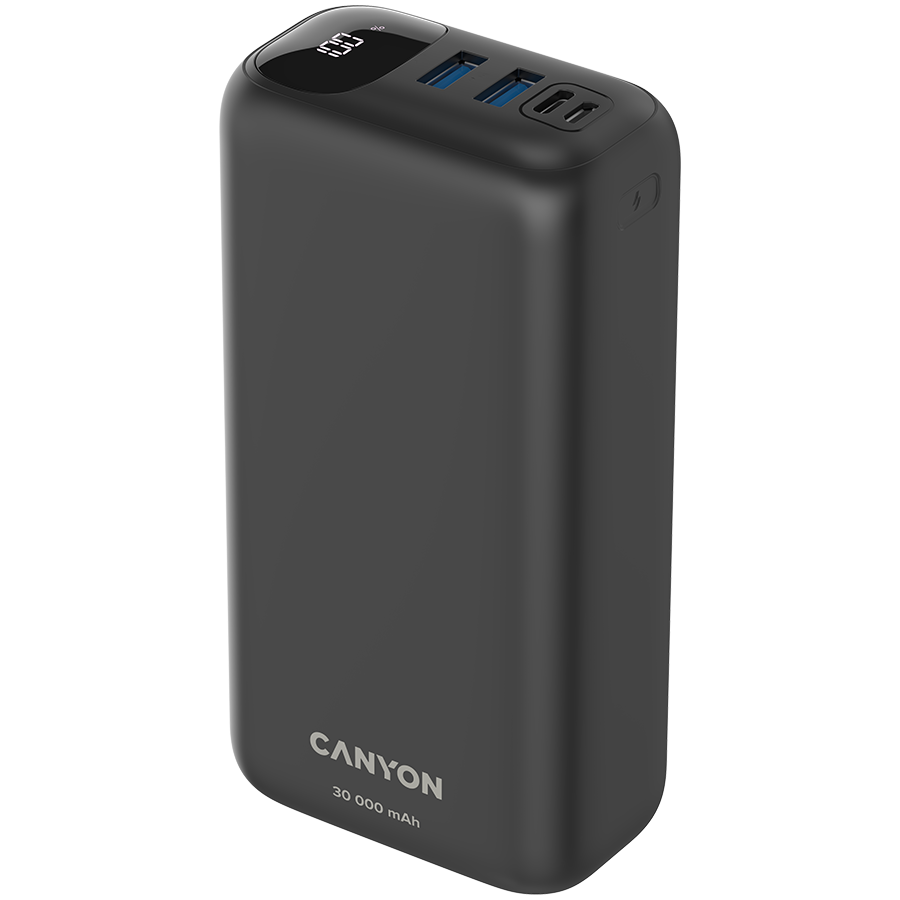 Power bank CANYON 30000mAh Li-poly battery, Input Micro: DC5V/2A, 9V/2A Input Type c PD :DC5V/3A, 9V/2A Output Type C PD:5V/3A,9V/2.2A,12V/1.5AOutput USB A1+USBA 2: 5V3A,5V/4.5A,4.5V/5A,9V2A,12V1.5A,2-2
