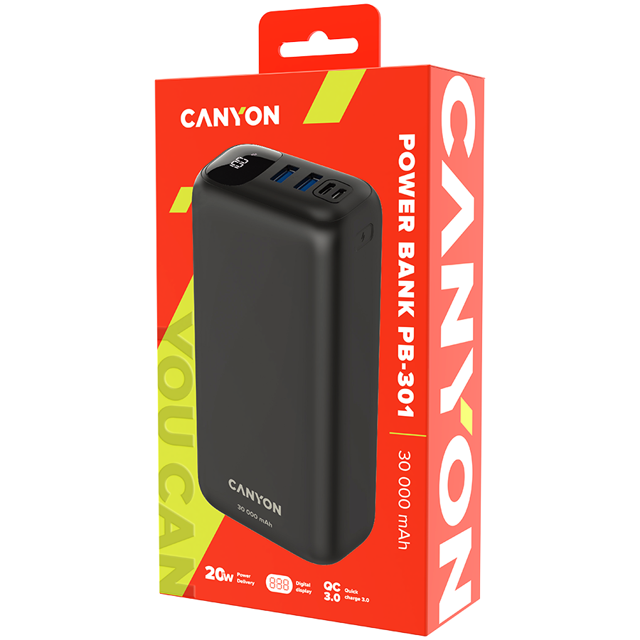 Power bank CANYON 30000mAh Li-poly battery, Input Micro: DC5V/2A, 9V/2A Input Type c PD :DC5V/3A, 9V/2A Output Type C PD:5V/3A,9V/2.2A,12V/1.5AOutput USB A1+USBA 2: 5V3A,5V/4.5A,4.5V/5A,9V2A,12V1.5A,2-3
