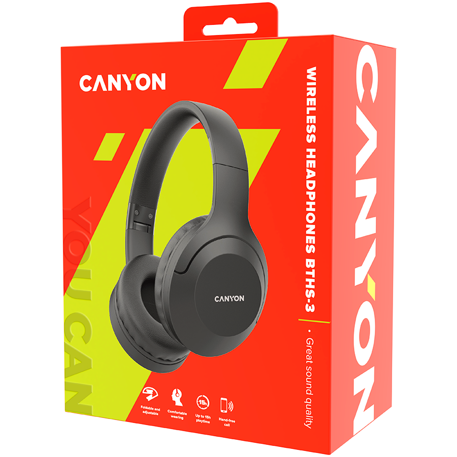 CANYON BTHS-3, Canyon Bluetooth headset,with microphone, BT V5.1 JL6956, battery 300mAh, Type-C charging plug, PU material, size:168*190*78mm, charging cable 30cm and audio cable 100cm, Dark grey-4