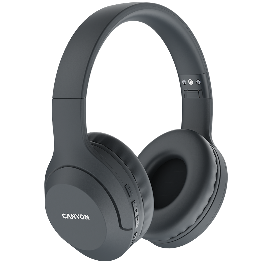 CANYON BTHS-3, Canyon Bluetooth headset,with microphone, BT V5.1 JL6956, battery 300mAh, Type-C charging plug, PU material, size:168*190*78mm, charging cable 30cm and audio cable 100cm, Dark grey-0