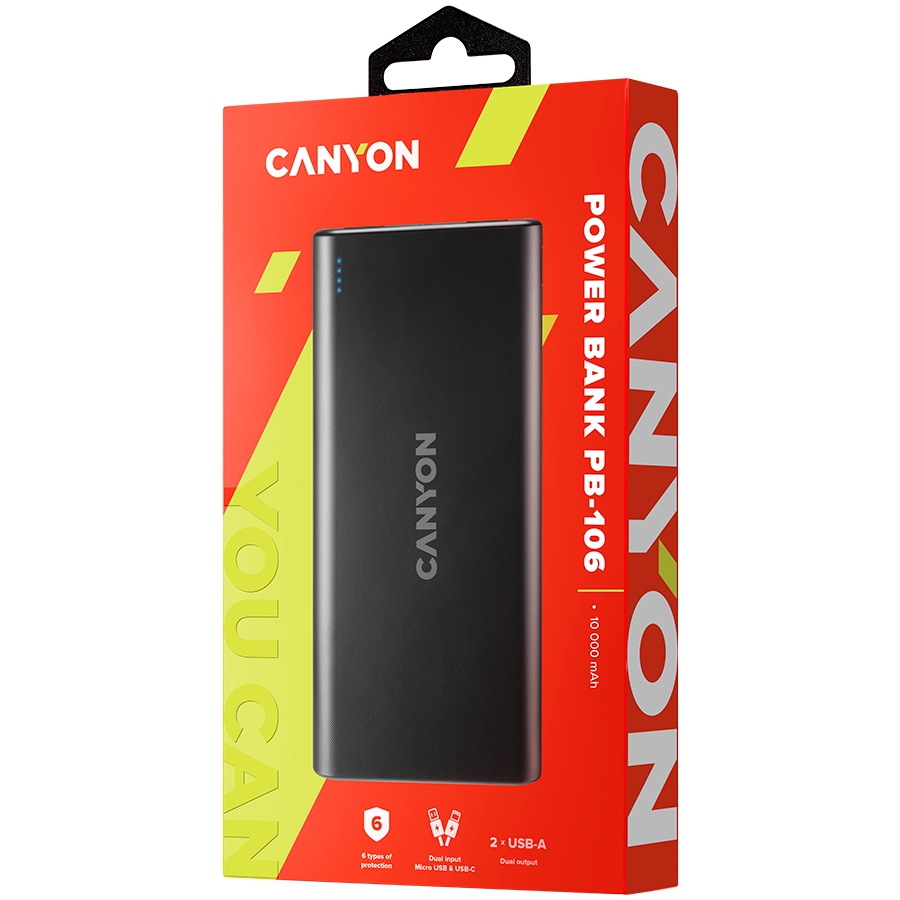 CANYON PB-106 Power bank 10000mAh Li-poly battery, Input 5V/2A, Output 5V/2.1A(Max), USB cable length 0.3m, 140*68*16mm, 0.24Kg crna-2