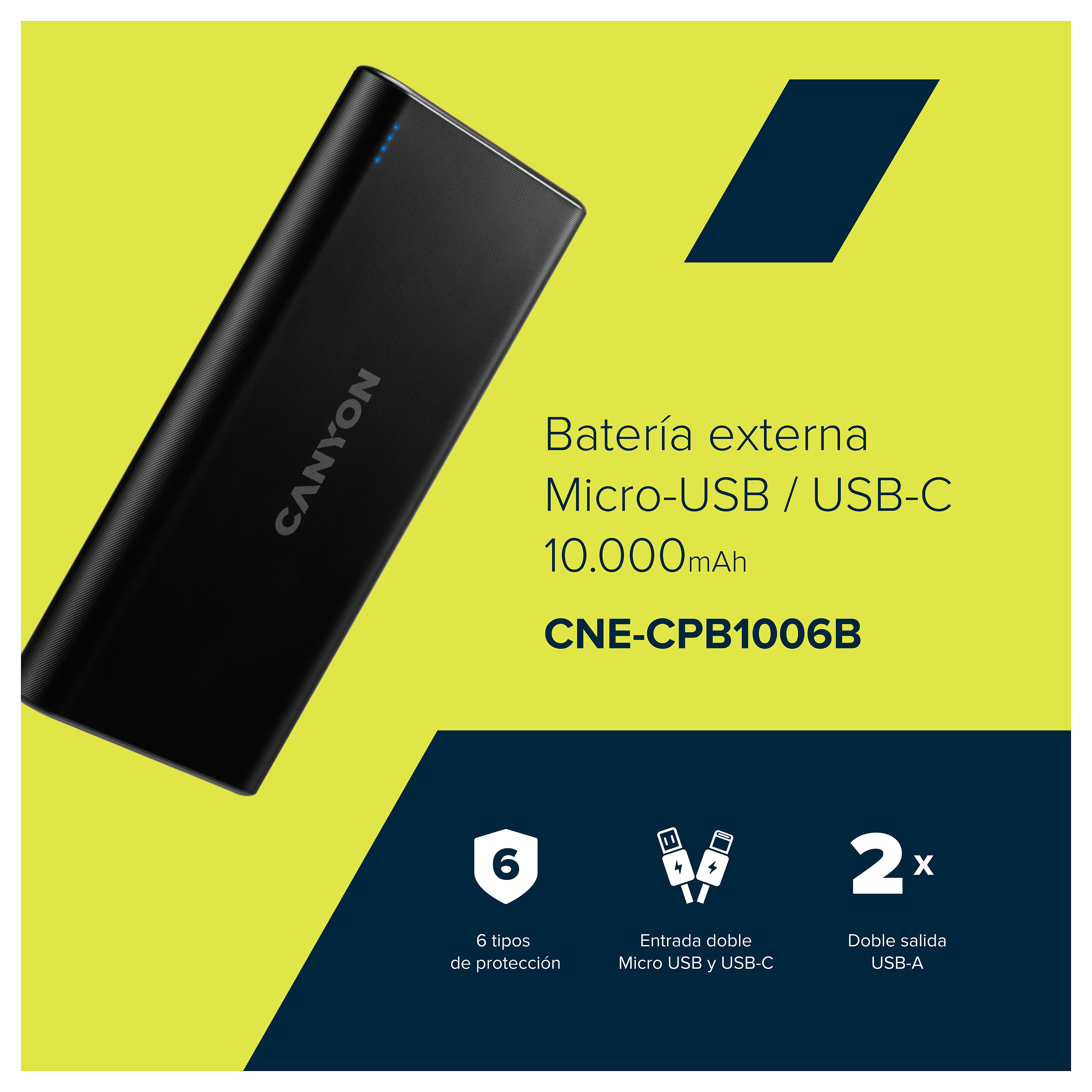CANYON PB-106 Power bank 10000mAh Li-poly battery, Input 5V/2A, Output 5V/2.1A(Max), USB cable length 0.3m, 140*68*16mm, 0.24Kg crna-6