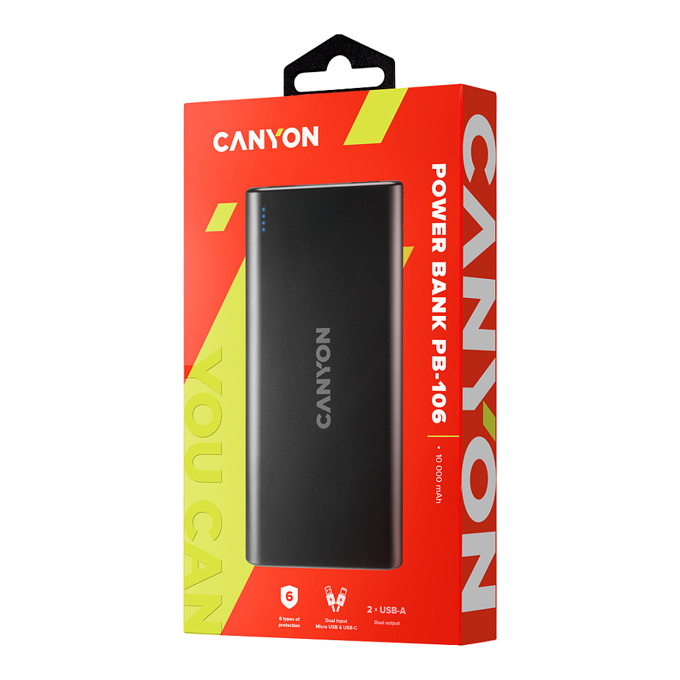 CANYON PB-106 Power bank 10000mAh Li-poly battery, Input 5V/2A, Output 5V/2.1A(Max), USB cable length 0.3m, 140*68*16mm, 0.24Kg crna-7