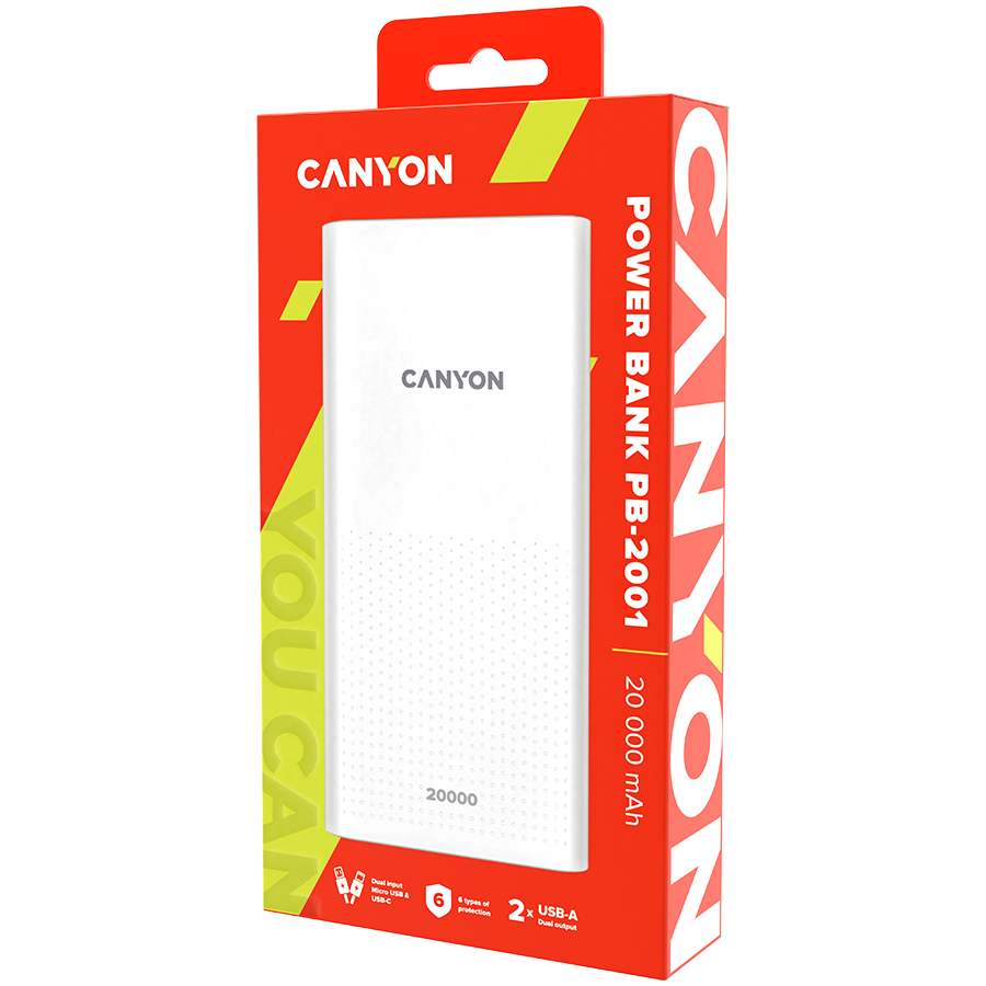CANYON PB-2001 Power bank 20000mAh Li-poly battery, Input 5V/2A , Output 5V/2.1A(Max) , 144*69*28.5mm, 0.440Kg bijela-2