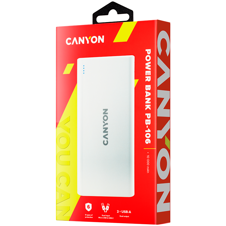 Power bank CANYON PB-106 (kapacitet 10000 mAh, ulaz 5V/2A, izlaz 5V/2.1A, dimenzije 140*68*16mm, težina 0.24kg, bijela)-3