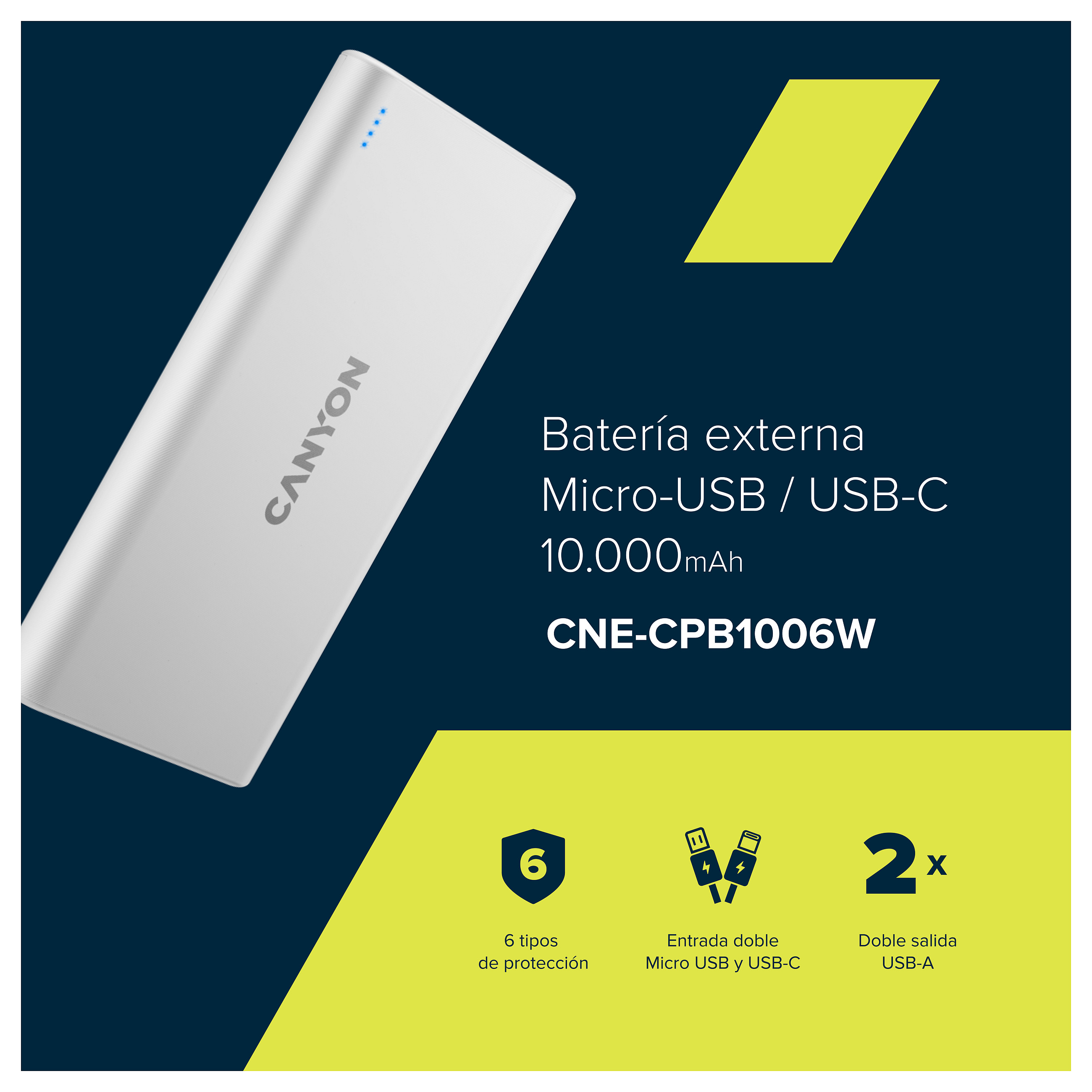 Power bank CANYON PB-106 (kapacitet 10000 mAh, ulaz 5V/2A, izlaz 5V/2.1A, dimenzije 140*68*16mm, težina 0.24kg, bijela)-7