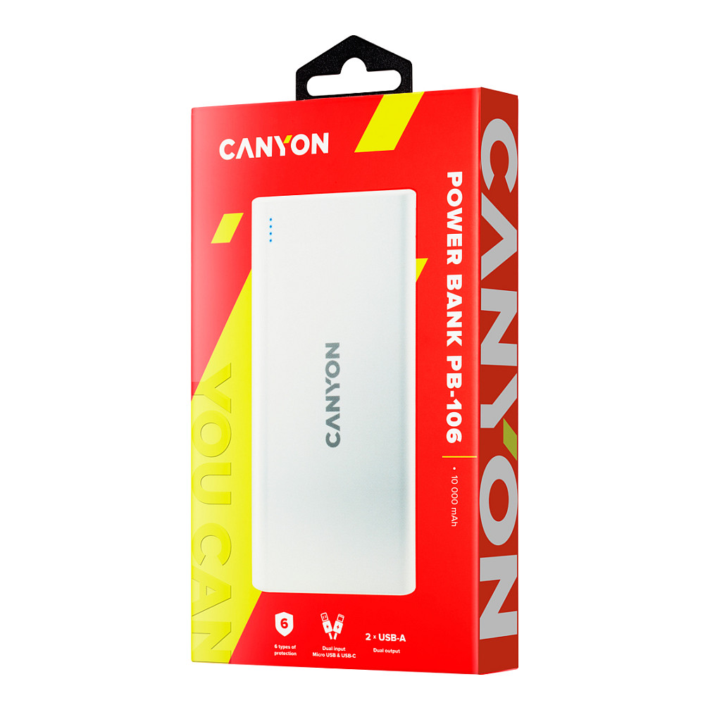 Power bank CANYON PB-106 (kapacitet 10000 mAh, ulaz 5V/2A, izlaz 5V/2.1A, dimenzije 140*68*16mm, težina 0.24kg, bijela)-8