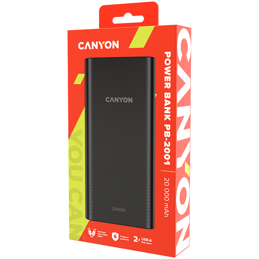 CANYON PB-2001 Power bank 20000mAh Li-poly battery, Input 5V/2A , Output 5V/2.1A(Max), 144*69*28.5mm, 0.440Kg crna-2