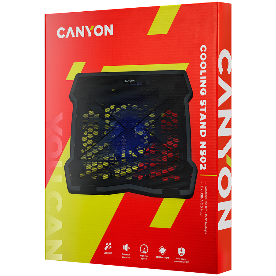 Hladilo za laptop CANYON NS02, with 2x2.0 USB hub, support up to 10”-15.6” laptop, ABS plastic and iron, Fans dimension:125*125*15mm(1pc), DC 5V, fan speed: 800-1000RPM, size:340*265*30mm, 406g-3