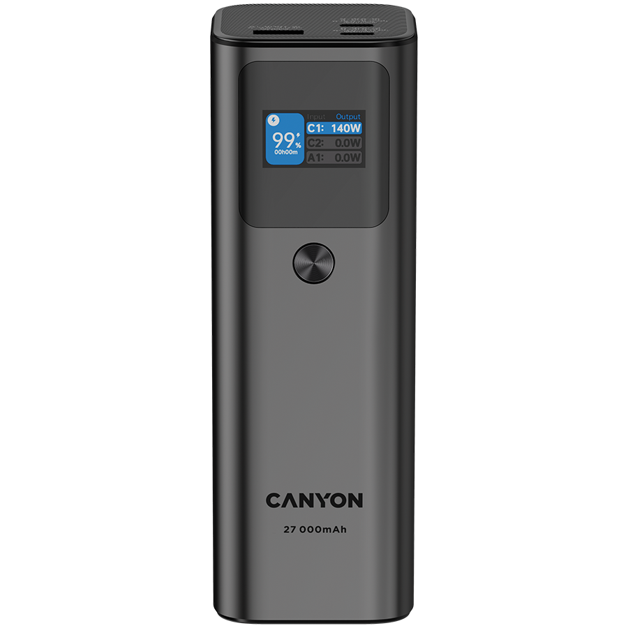 Power bank CANYON PB-2010 (27000mAh, 2xUSB-C PD3.1 140W, USB-A QC 3.0 22.5W, TFT display, Tamno siva)