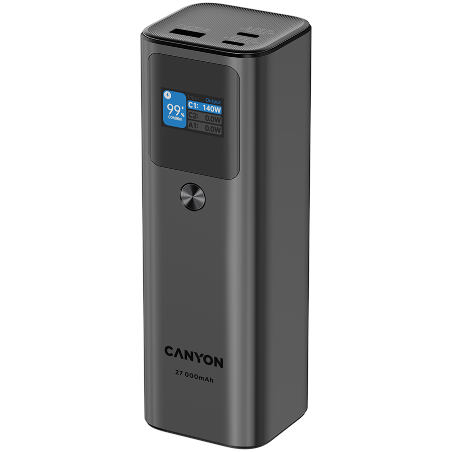 Power bank CANYON PB-2010 (27000mAh, 2xUSB-C PD3.1 140W, USB-A QC 3.0 22.5W, TFT display, Tamno siva)-1