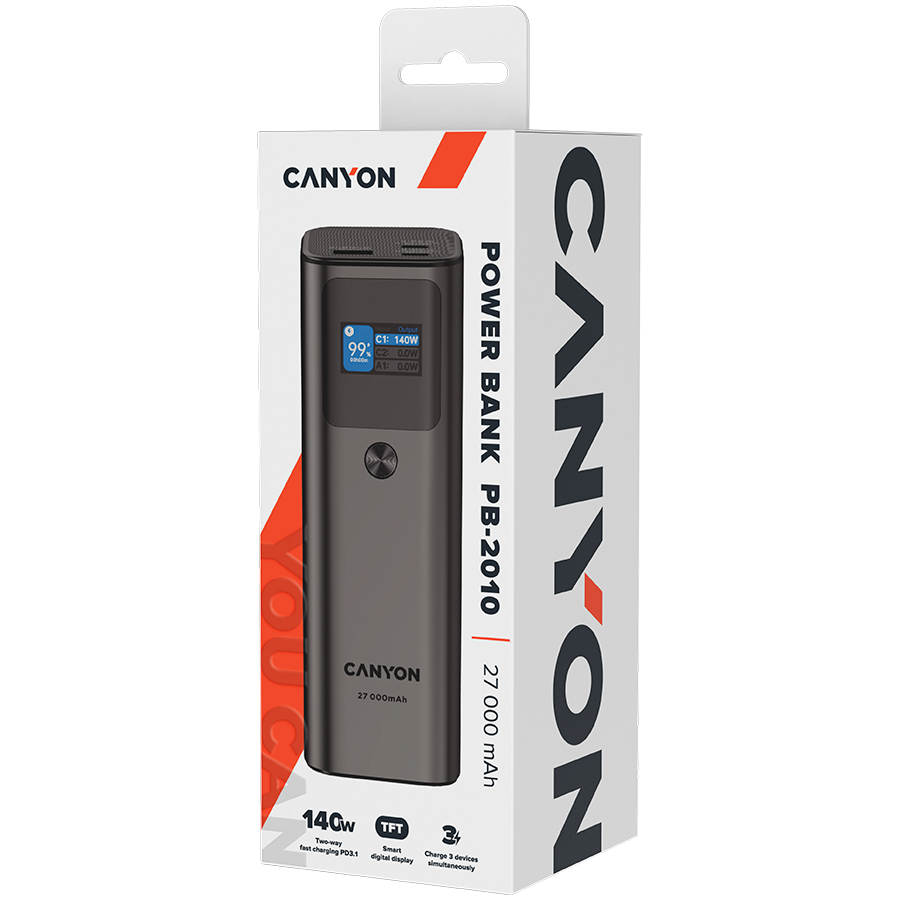 Power bank CANYON PB-2010 (27000mAh, 2xUSB-C PD3.1 140W, USB-A QC 3.0 22.5W, TFT display, Tamno siva)-6