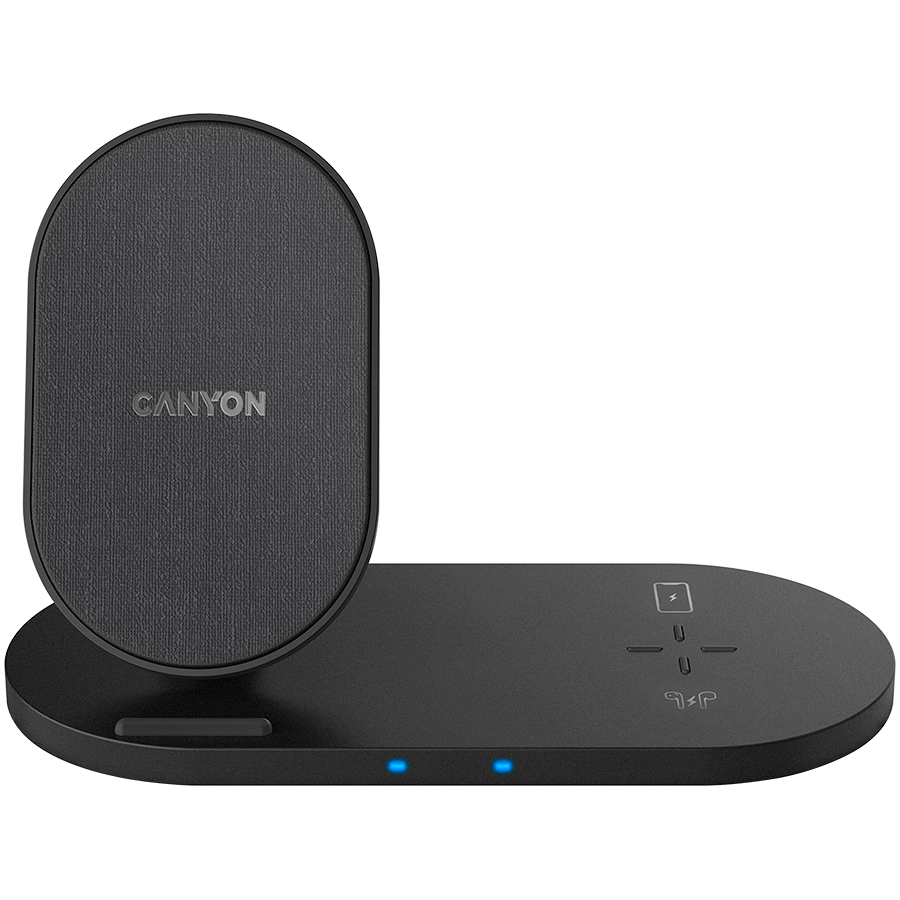 CANYON WS-202 2in1 Wireless charger, Input 5V/3A, 9V/2.67A, Output 10W/7.5W/5W, Type c cable length 1.2m, PC+ABS,with PU part ,180*86*111.1mm, 0.185Kg,crna-0