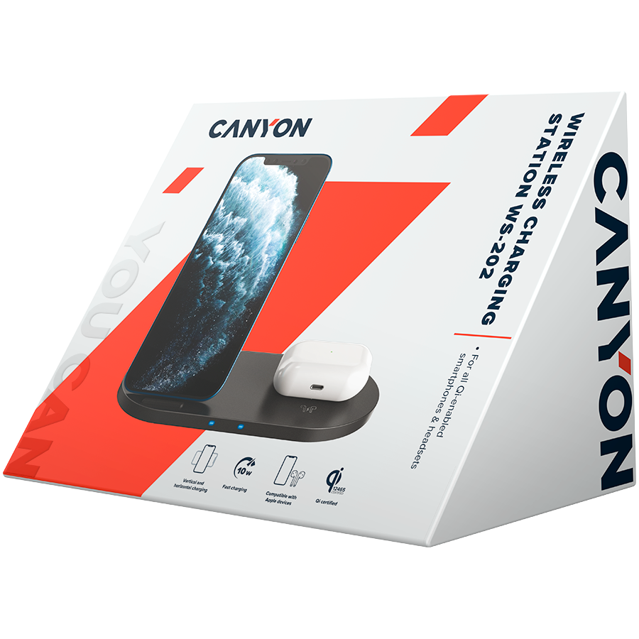 CANYON WS-202 2in1 Wireless charger, Input 5V/3A, 9V/2.67A, Output 10W/7.5W/5W, Type c cable length 1.2m, PC+ABS,with PU part ,180*86*111.1mm, 0.185Kg,crna-2