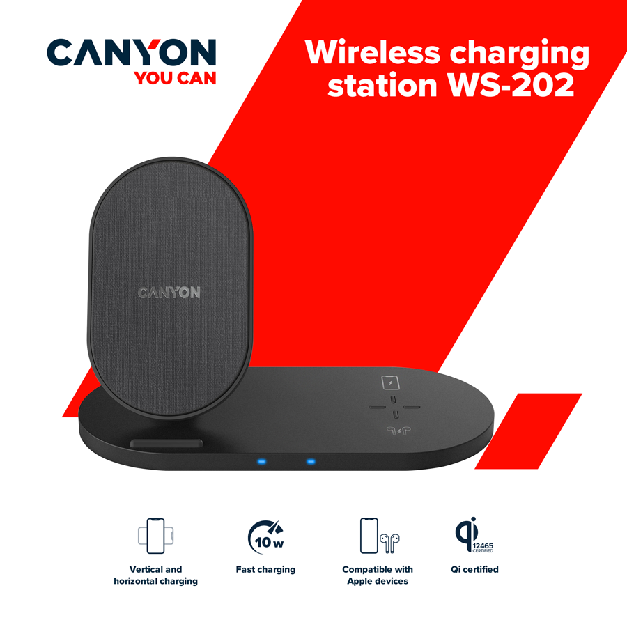 CANYON WS-202 2in1 Wireless charger, Input 5V/3A, 9V/2.67A, Output 10W/7.5W/5W, Type c cable length 1.2m, PC+ABS,with PU part ,180*86*111.1mm, 0.185Kg,crna-3
