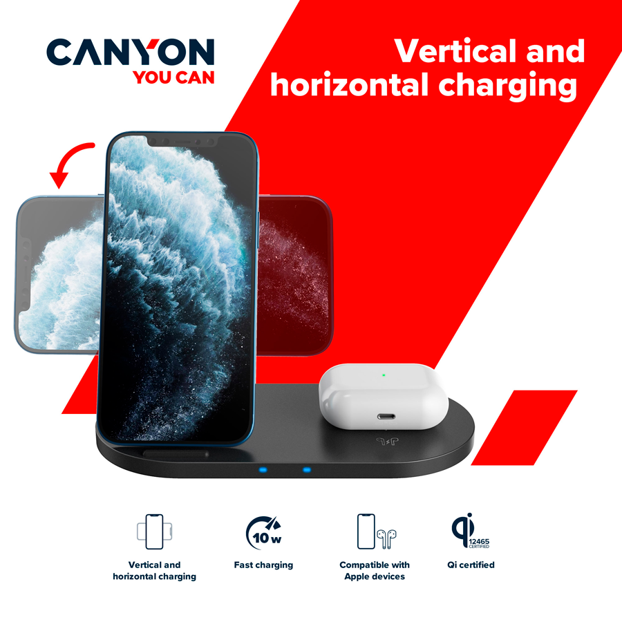 CANYON WS-202 2in1 Wireless charger, Input 5V/3A, 9V/2.67A, Output 10W/7.5W/5W, Type c cable length 1.2m, PC+ABS,with PU part ,180*86*111.1mm, 0.185Kg,crna-4