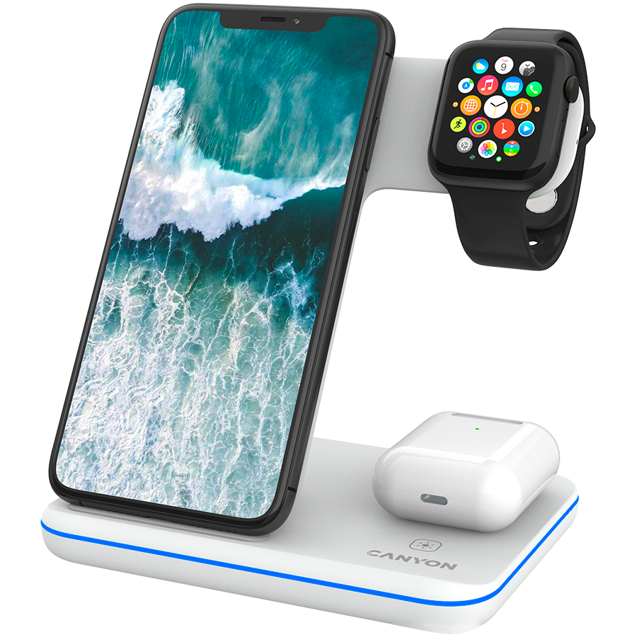 CANYON WS-303 3in1 Wireless charger, with touch button for Running water light, Input 9V/2A, 12V/2A, Output 15W/10W/7.5W/5W, Type c to USB-A cable length 1.2m, 137*103*140mm, 0.22Kg bijela-0