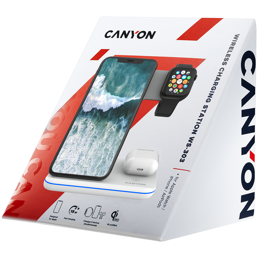CANYON WS-303 3in1 Wireless charger, with touch button for Running water light, Input 9V/2A, 12V/2A, Output 15W/10W/7.5W/5W, Type c to USB-A cable length 1.2m, 137*103*140mm, 0.22Kg bijela-6