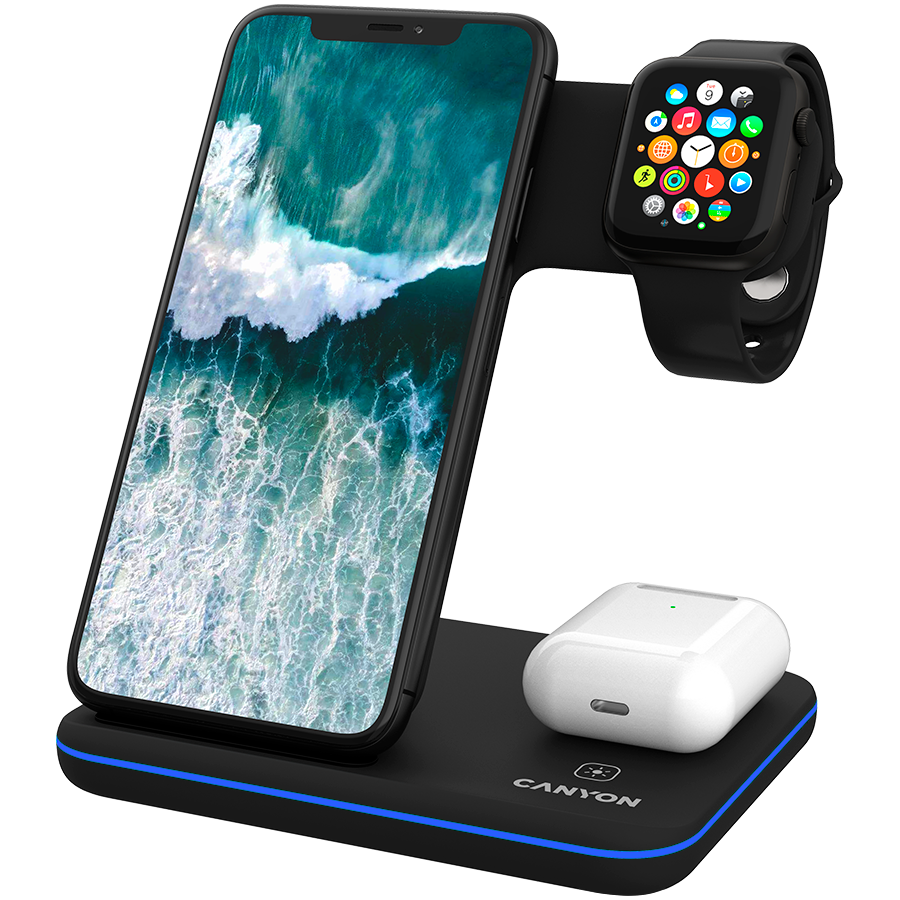 CANYON WS-303 3in1 Wireless charger, with touch button for Running water light, Input 9V/2A, 12V/2A, Output 15W/10W/7.5W/5W, Type c to USB-A cable length 1.2m, 137*103*140mm, 0.195Kg crna-0