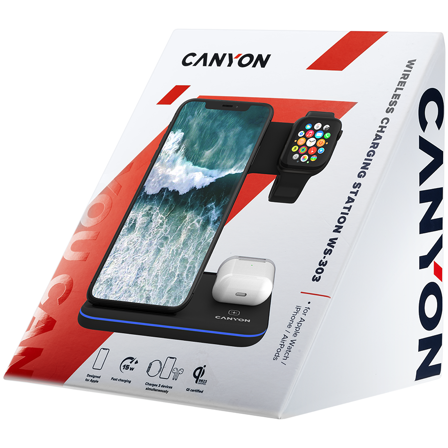 CANYON WS-303 3in1 Wireless charger, with touch button for Running water light, Input 9V/2A, 12V/2A, Output 15W/10W/7.5W/5W, Type c to USB-A cable length 1.2m, 137*103*140mm, 0.195Kg crna-5